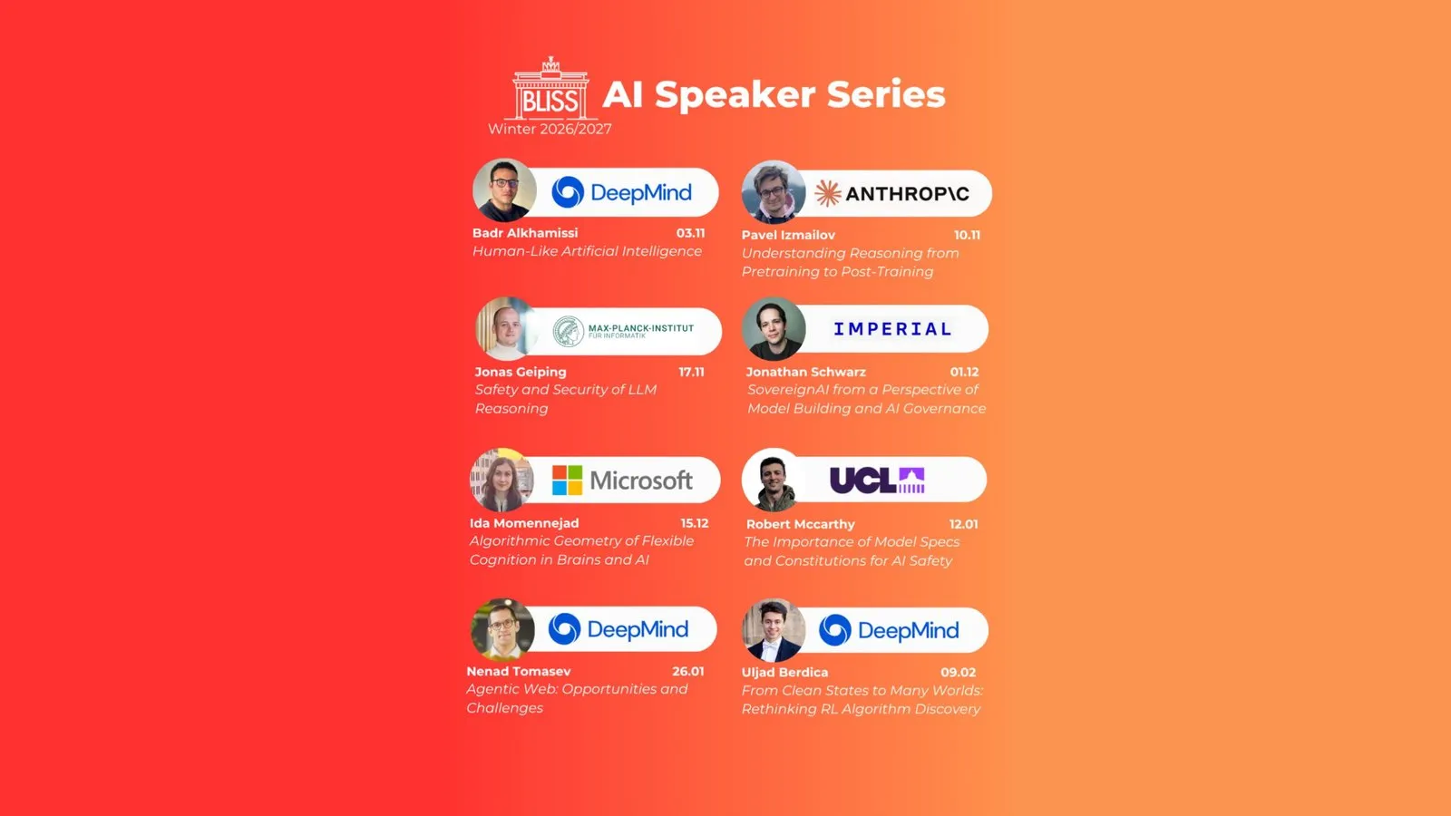 Lineup of the BLISS AI Speaker Series Winter 2026/27 with photos, affiliations and talk titles of all eight speakers